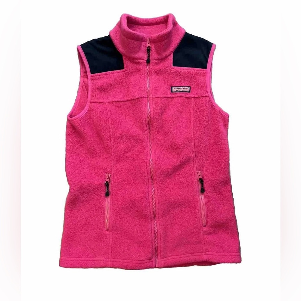 Vineyard Vines Fleece Vest Full Zip Pink & Navy Womens Size XS Preppy Nautical